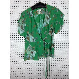 Anthropologie Meadow Rue Bon Voyage Blouse Wrap Top Green Size 8